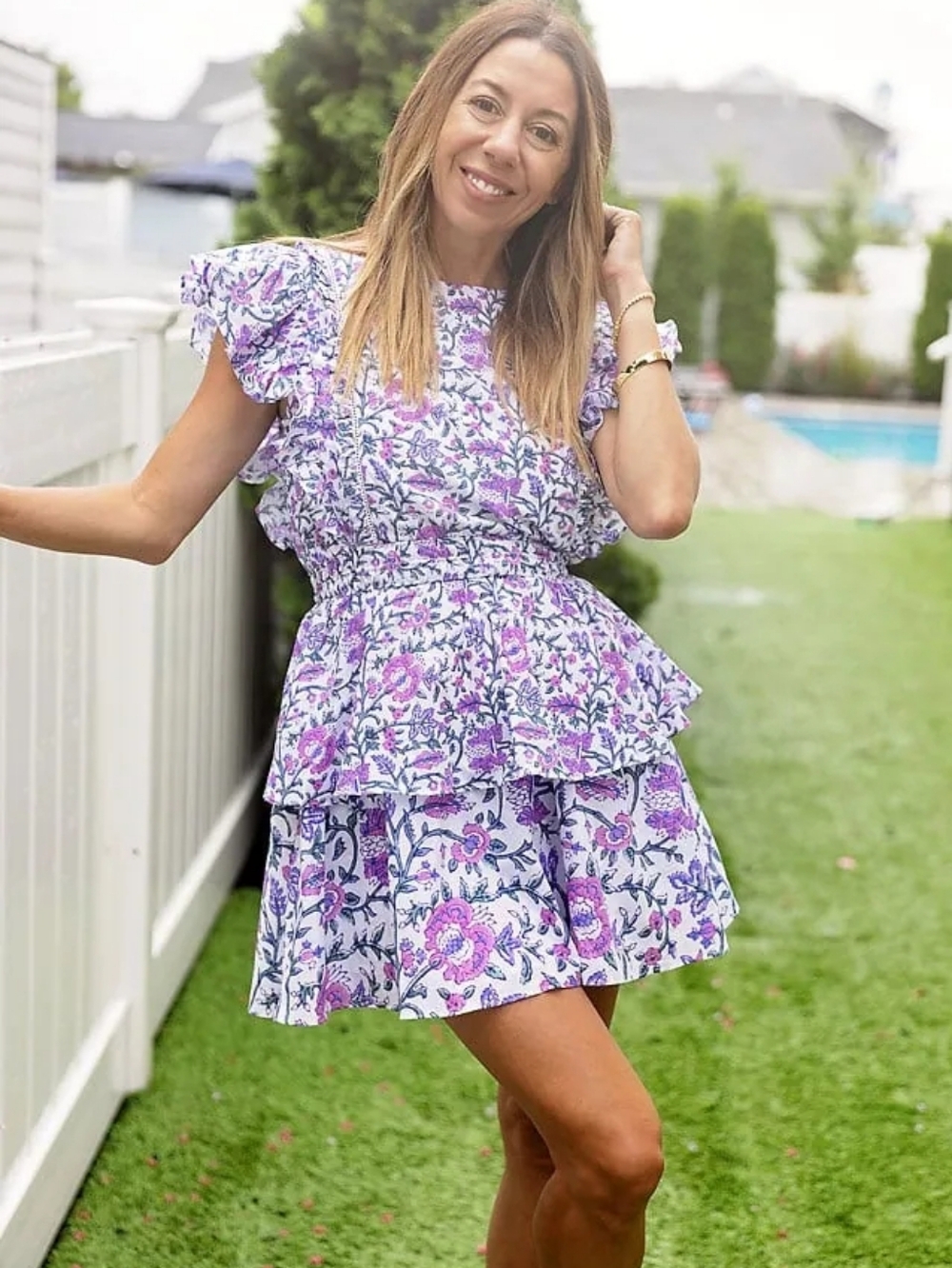 CELINA MOON Purple White Floral Print Dress 100% Cotton Tiered Mini Length Dress